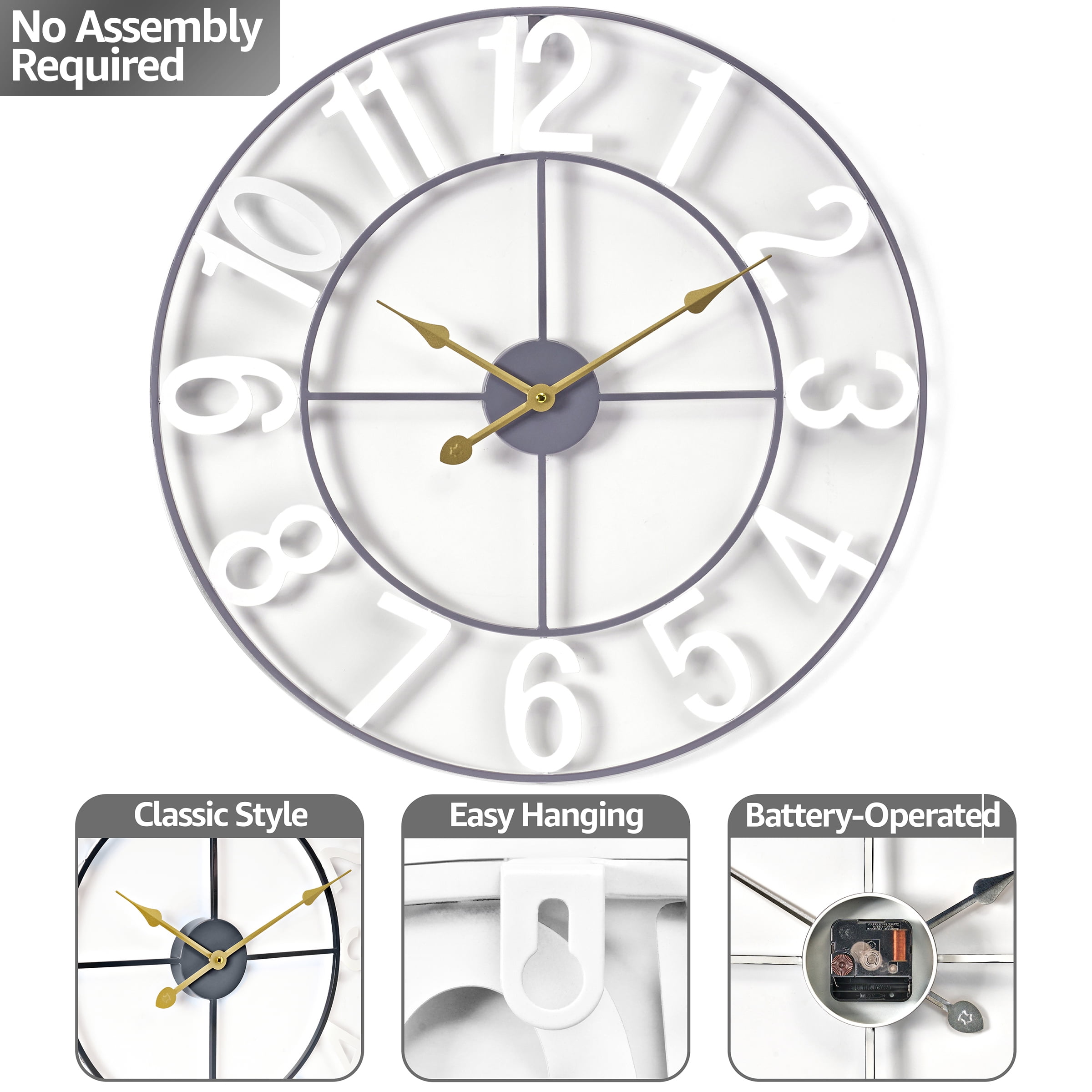 Sorbus Large Metal Numerical Wall Clock for Living Room Decor (White, 24" Diameter)