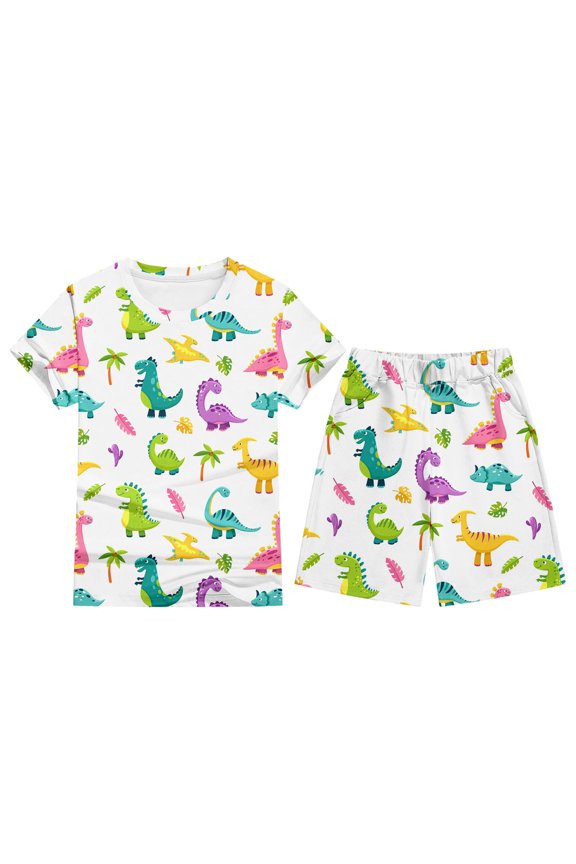 Toddler Boy Set Outfit Cartoon Dinosaur Crewneck Short Sleeved T Shirt Set Summer 2 Piece Sets Boys, White Size: 3-4 Years