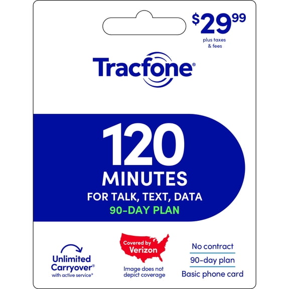 Tracfone $29.99 Basic Phone 120 minutes 90-Day Prepaid Plan e-PIN Top Up (Email Delivery)