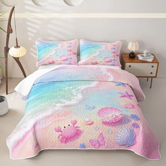 Manfei Blue Ocean Waves Twin Quilt Set,Pink Sand Twin Coverlet Set,2pcs