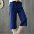 thumbnail image 2 of Gibobby Pantalones de yoga Pantalón de lino de algodón suelto con cintura elástica informal para mujer Pantalones de pierna ancha recortados(Azul， M), 2 of 5