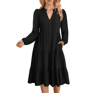 UVN Fall Dresses for Women Long Sleeve V Neck Midi Dress Casual Loose Flowy Swing Tiered Dress with Pockets