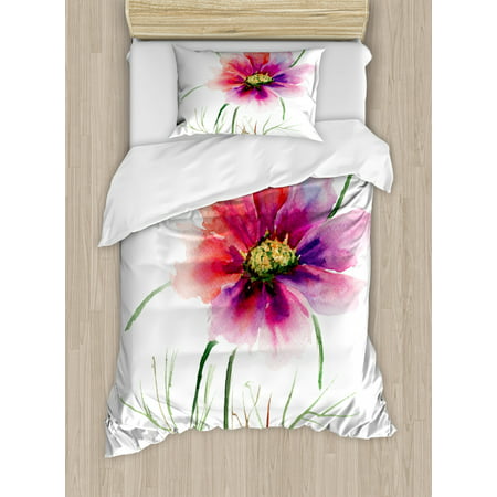Watercolor Duvet Cover Set Beautiful Two Colored Flower Blossom