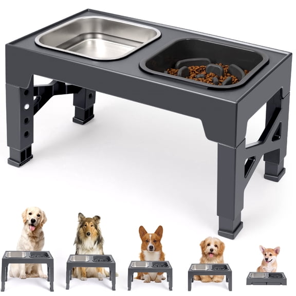 Elevated Dog Bowls with 2 Stainless Steel Dog Bowls, Raised Dog Bowl Adjusts to 5 Heights for Small Medium and Large Dogs,Gray