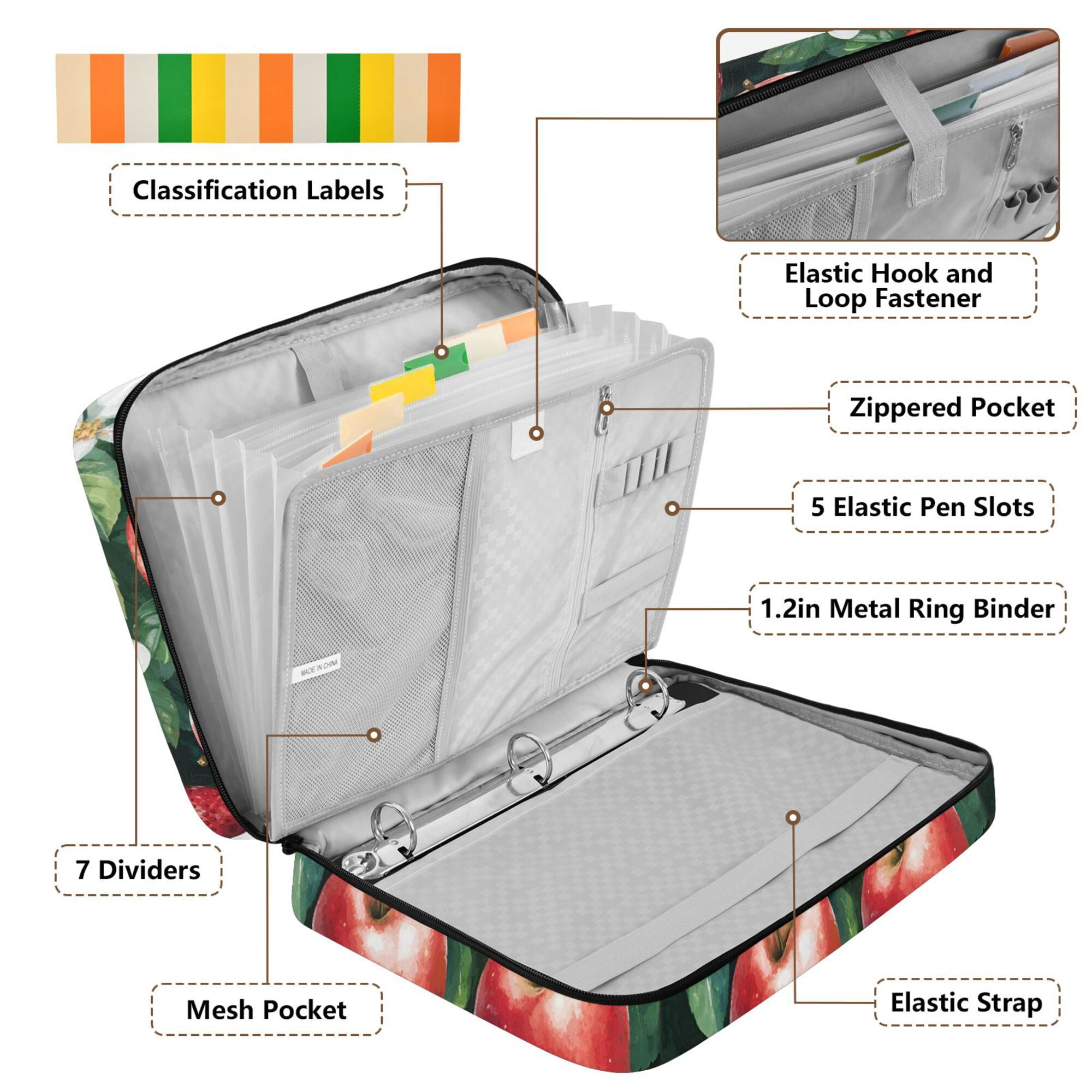 FORMRS Accordion File Folder A4 Size 7-Pocket Expanding Document Organizer Bag with 3 Ring Binder, Red Apple Pattern