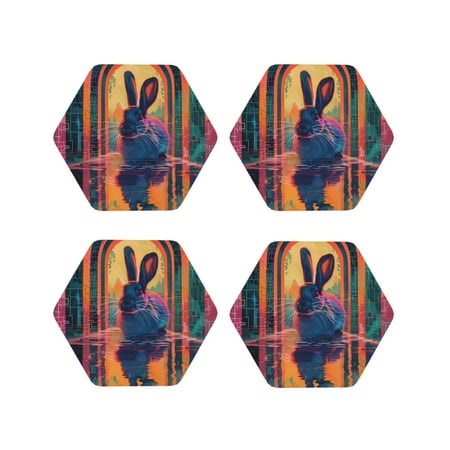 

Fuzoiu Neon Rabbit In Archway Print Leather Coasters Set Drink Coasters Set of 4 for Tabletop Protection Durable PVC Coasters Home Décor and Housewarming Gift-Hexagon