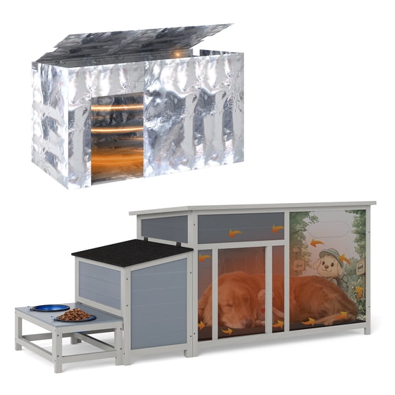 Jaxpety Insulated Dog House for Winter Outdoor Dog Kennel Wooden with Weatherproof Roof, Slow Feed Bowls