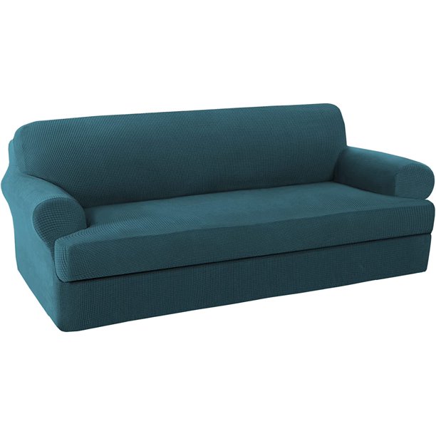 Funda para sofá de dos plazas de jacquard muy elástico de 2 piezas/fundas para muebles para sofá de dos plazas con parte inferior elástica, apto para cojín en T/cojín de caja, tela jacquard de licra, gris carbón, verde azulado profundoXL para sofá