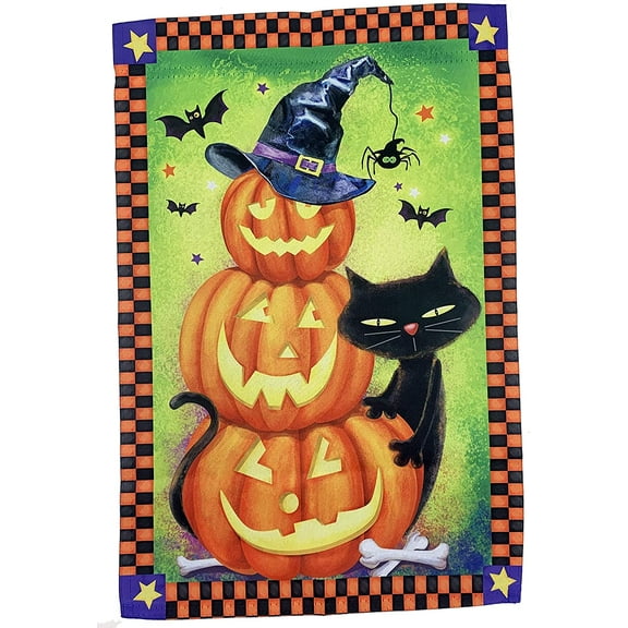 Black Cat Pumpkins Halloween Garden Flag - 12" x 18", Double Sided, Halloween Decorations, Home Decor, Spooky Pumpkins, Witch's Hat
