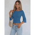 thumbnail image 5 of Women's 3/4 Sleeve Top Ruched Waist Fitted Tops for Women Crop Boat Neck Ribbed Bell Sleeve Flare Blue S, 5 of 8