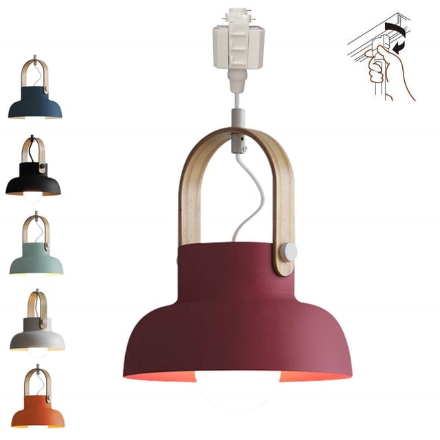 FSLiving Customizable Iron Pendant Light H-Type Track Light Pendants 3.2 ft Cord Macaron Industrial Light Dimmable Wooden Track Mount Pendant Lighting Fixtures Bulb Not Included - 1 Light (Red)