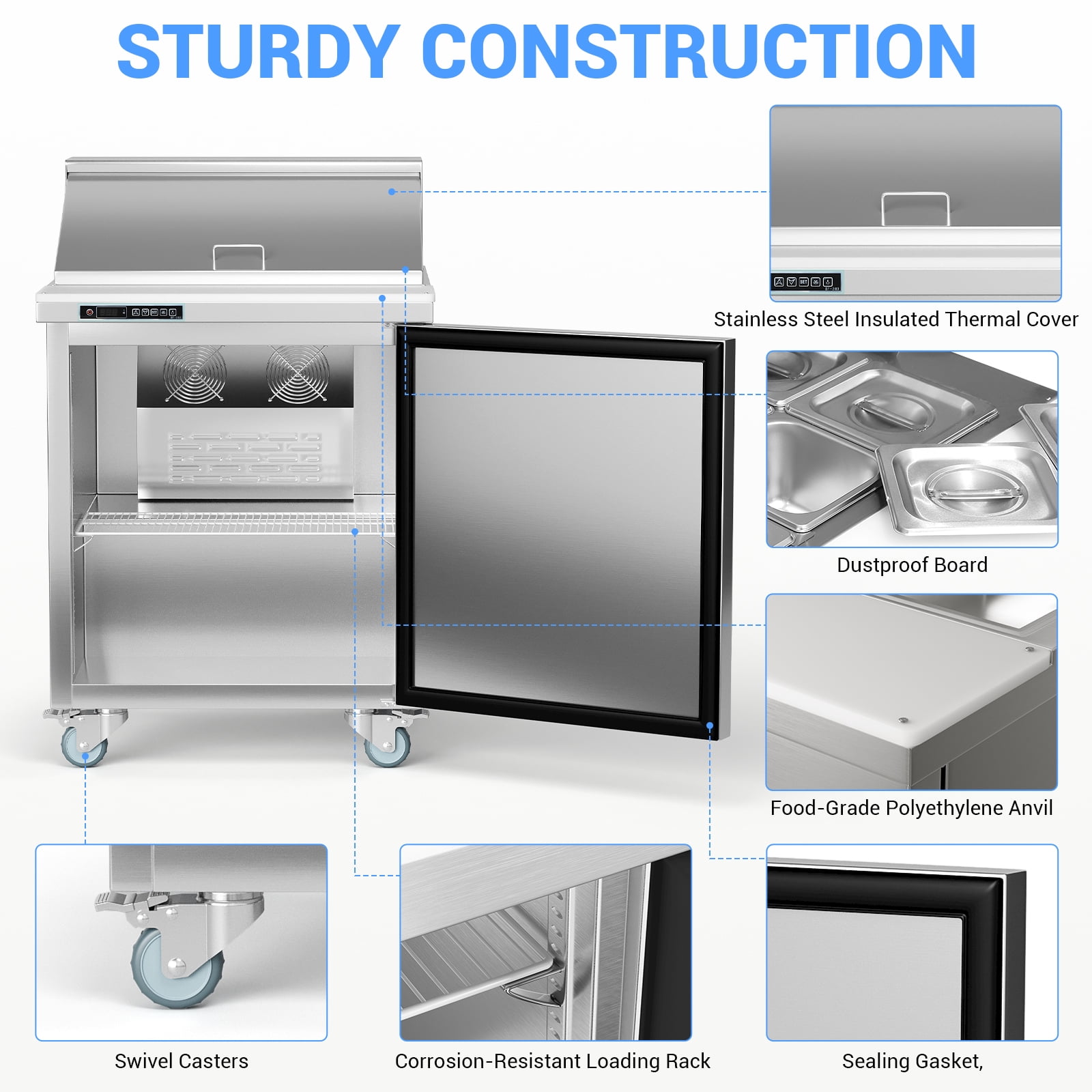 Commercial Refrigerator, 28" Undercounter Worktop Refrigerator,7.4 cu. ft W Single Door Thick Stainless Steel Refrigerator Sandwich Salad Prep Station Cooling with Cutting Board and 8 Pans