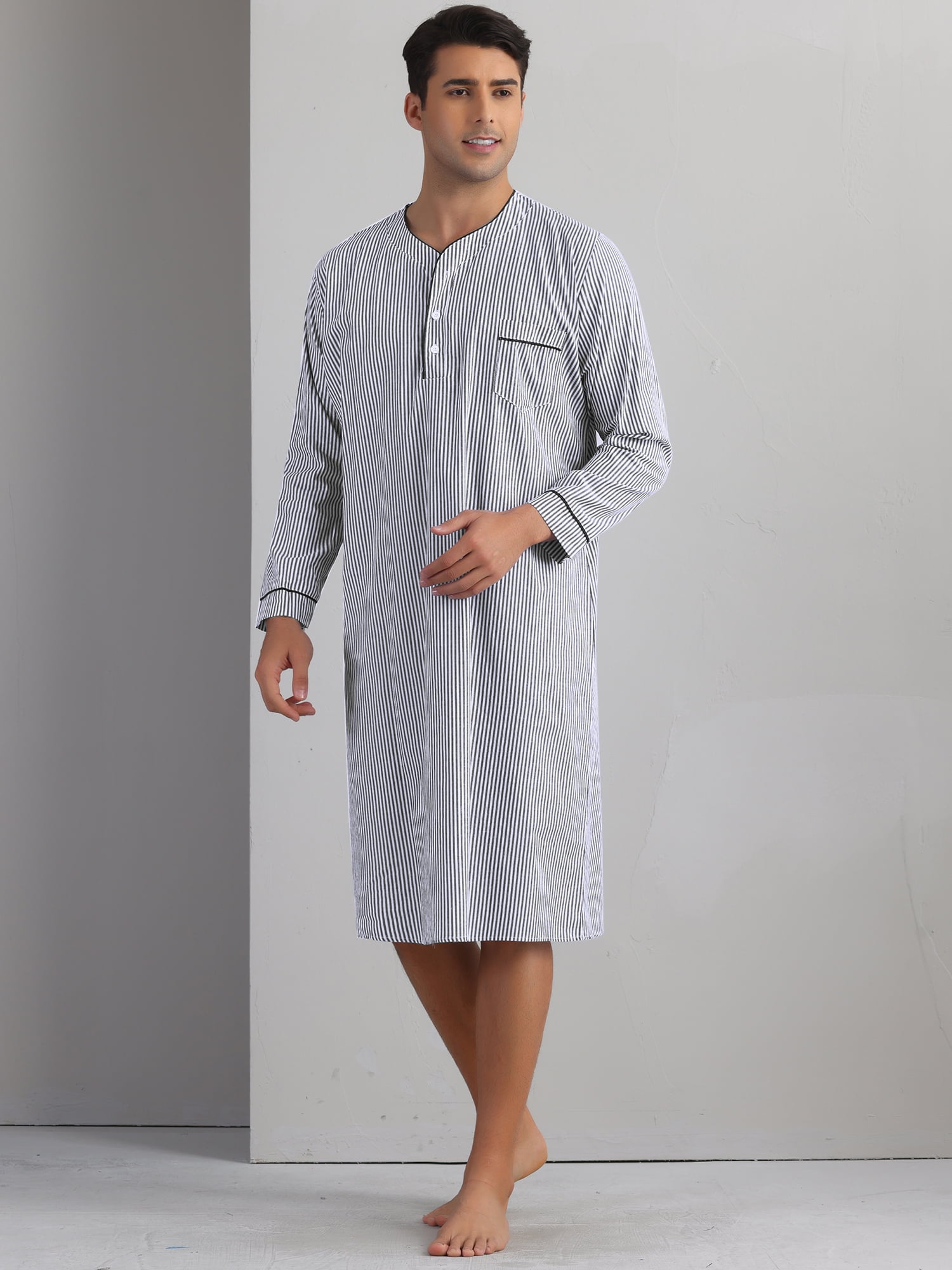 DARING DIVA Men's Striped V-Neck Button Front Long Sleeve Comfortable Nightshirt XL Black