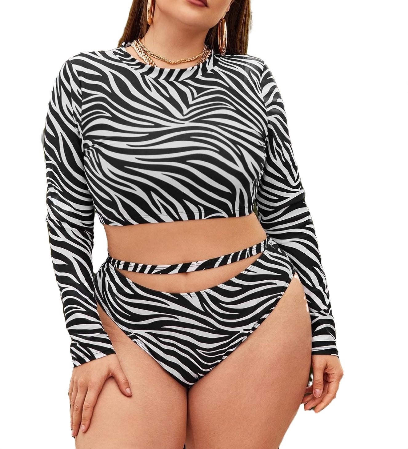 Stripe High Neck Black and White Plus Size Tankinis (Women's Plus