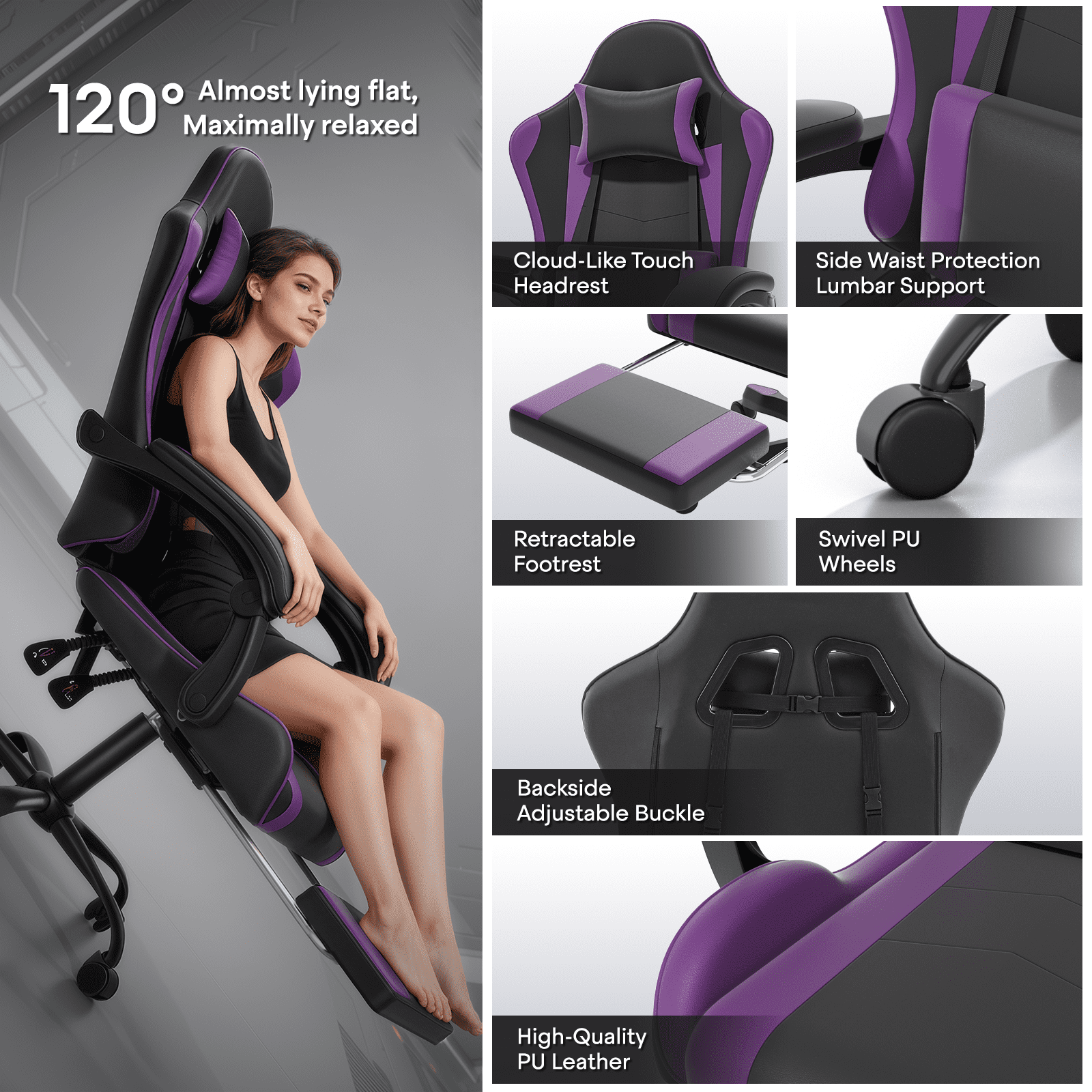 OSM Gaming Chair with Footrest & Headrest, High-Back Ergonomic Computer Desk Chair - Adjustable Lumbar Support, Reclining Office Chair for Adults, 350lbs, Purple