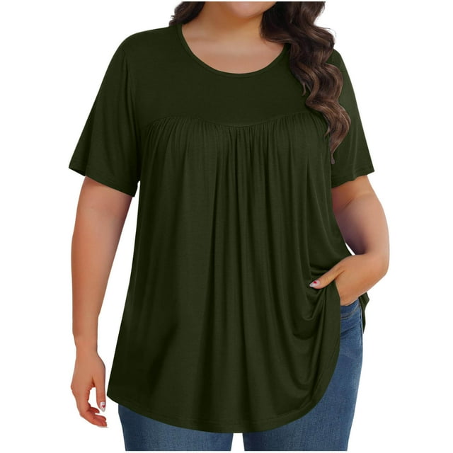 tarylea Hauts pour Femmes Col Rond Manches Courtes Hauts Couleur Unie Tunique Plissée Décontractée Ample Tendance Été Confortable Extensible