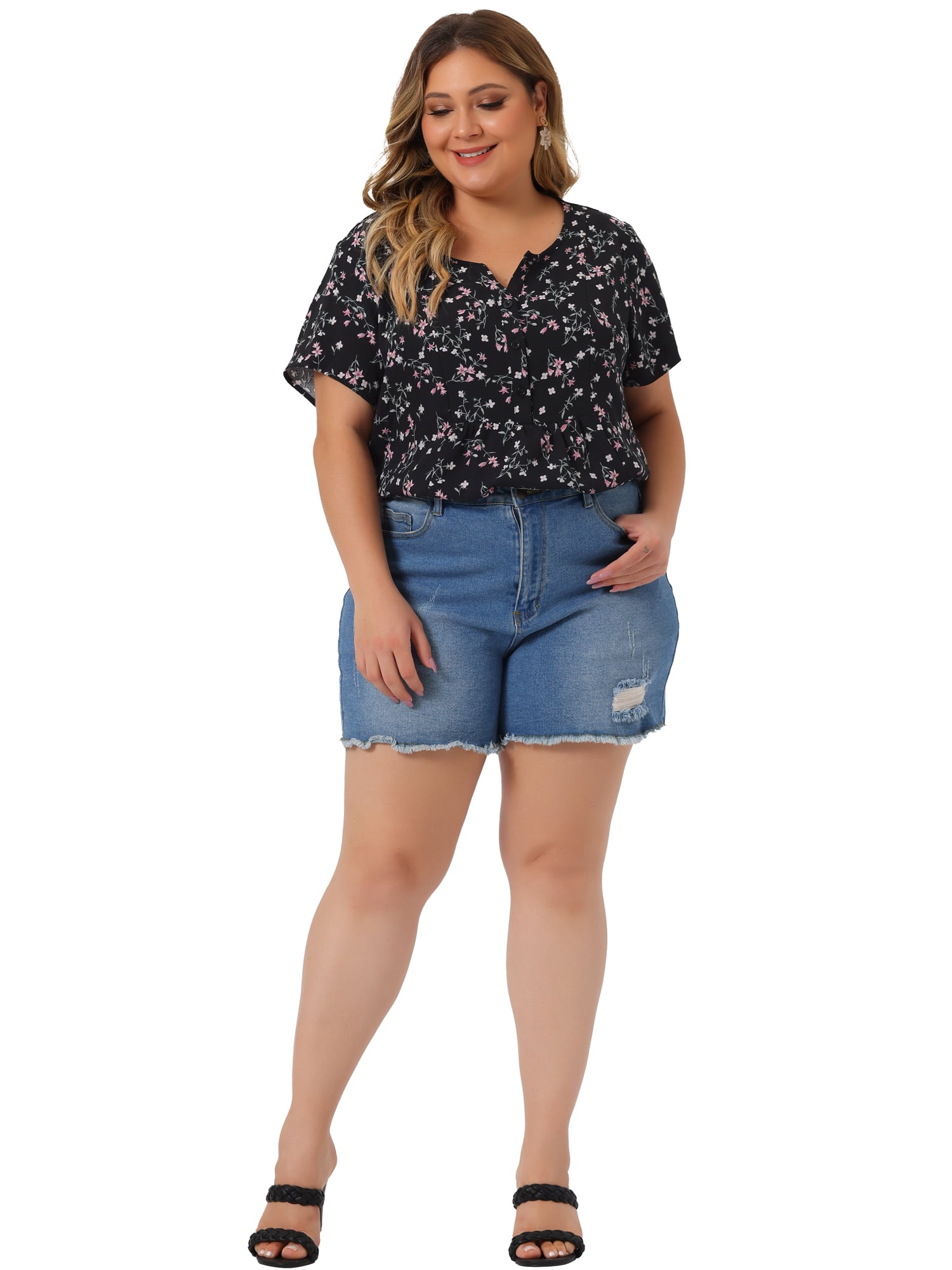 DARING DIVA Women's Plus Size Floral Half Placket Short Sleeve Blouses 6X Black