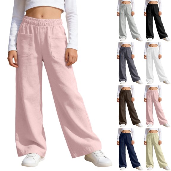Girls Cotton Linen Capri Pants Summer Drawstring Wide Leg Pants with Pockets Holiday Boho Beach Palazzo Pants for Kid Boys