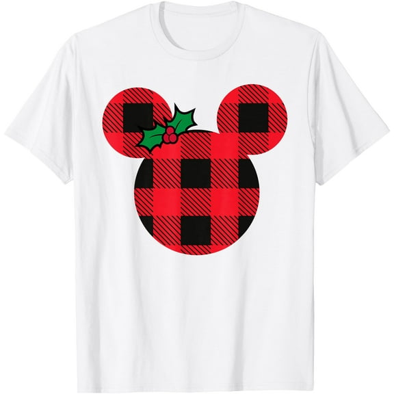 Minnie Mouse Icon Holiday Plaid with Holly Christmas DTG Print Unisex T-Shirt