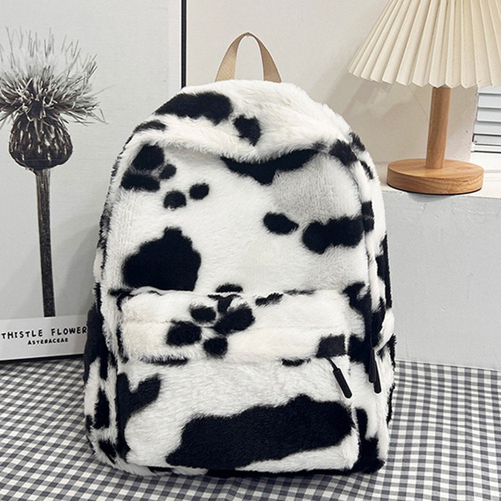 Jiibva Plush Animal Cow Print Backpack for Women Stylish Bag Personalized Travel Shoulder Bag Bookbag Trendy Daypack Purse