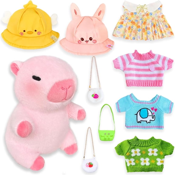 Capybara Plush with 9 pcs Clothes & Accessories, 10.2 in Cute Capybara Stuffed Animal Plush Toys, Dress Up Cute Plushies for Girls/Boys (Brown, Pink)