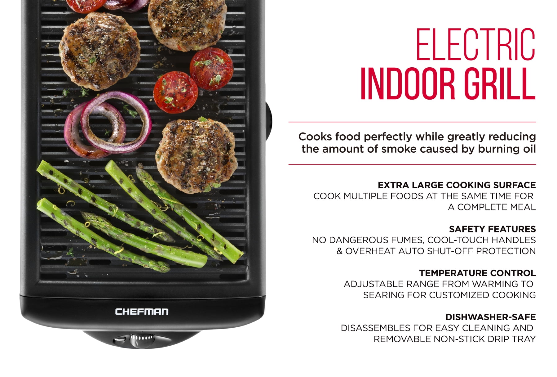 Chefman Smokeless Indoor Electric Grill, Adjustable Temperature Control, Dishwasher-Safe Parts
