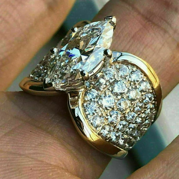 Women's Cluster Ring 3.00Ct Marquise Cut VVS1/D Lab Created Diamond Engagement Ring 14k Yellow Gold Plated Silver