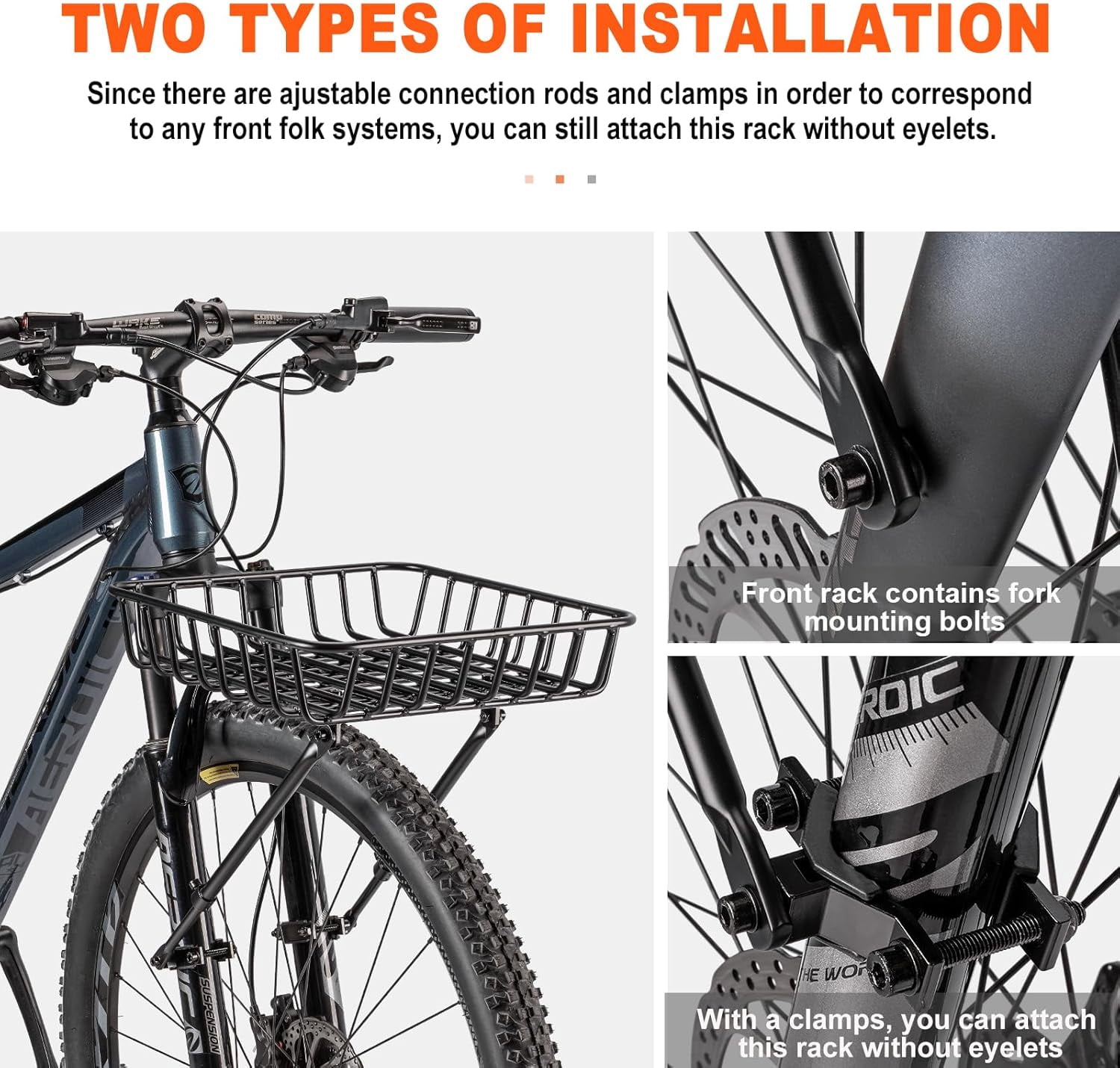 Large Front Bike Basket Rack with Struts -  Aluminum  Basket for 26-29 Inch Bikes, Black