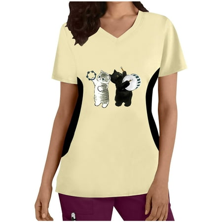 

JGGSPWM Women s Scrub Tops V Neck Short Sleeve Tees Soft Cozy Cotton Blouse Professional Uniform Cute Funny Cat Print Nursing Workwear T-shirts Beige M