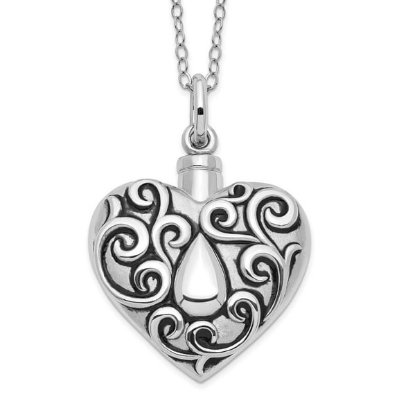 Primal Silver Sterling Silver Antiqued Grieving Heart Ash Holder 18-inch Necklace