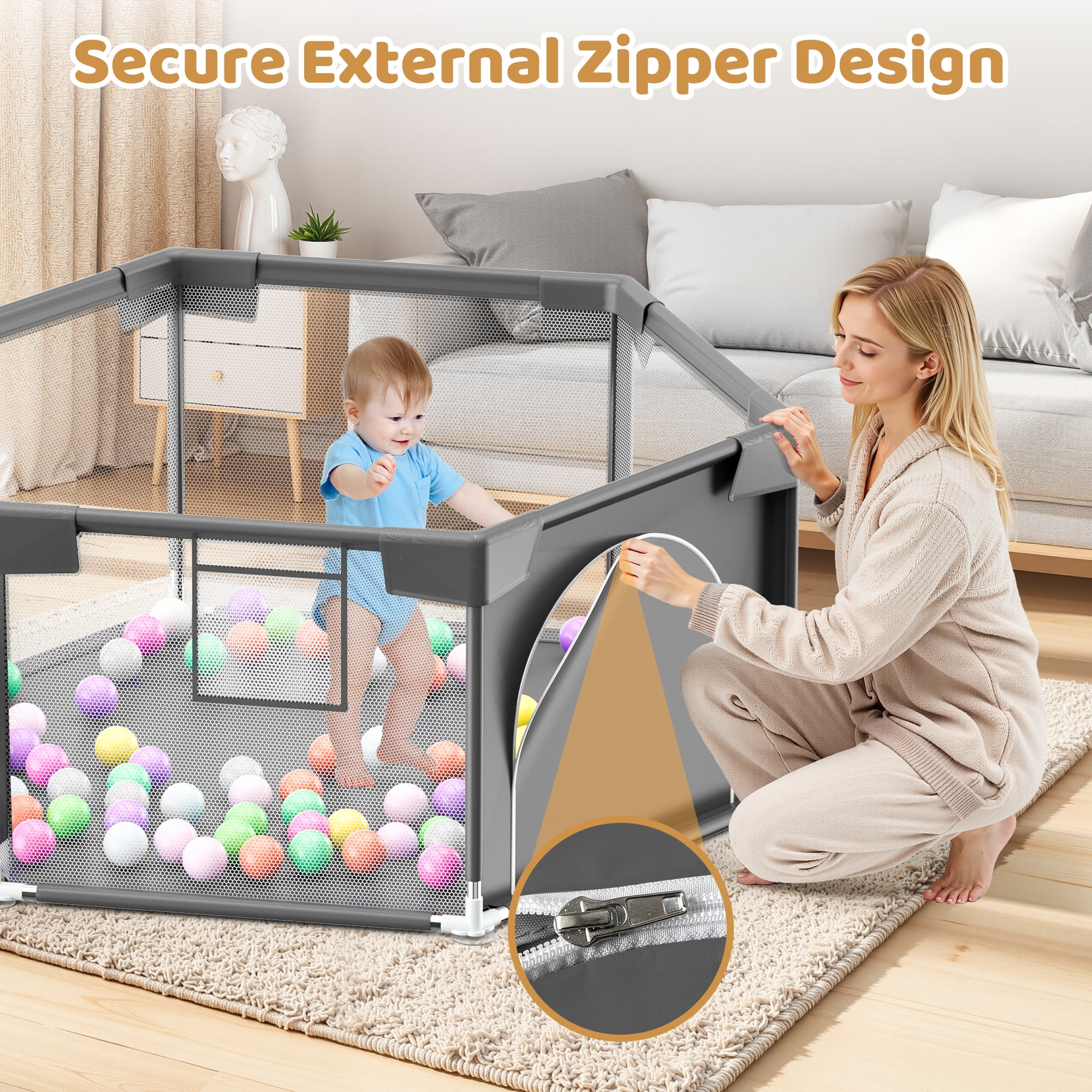 babyeap 50 Inch Baby Playpen,Fence Baby Play Yard for Indoors Outdoors,Hexagonal Toddler Playpen,Dark Gray