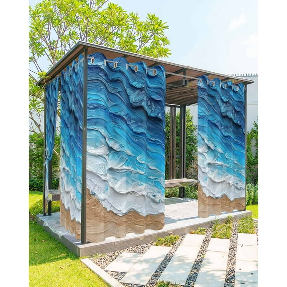 Outdoor Curtains for Patio Ombre Blue Beach Wave Oil Painting Style Waterproof Privacy Outside Curtains with Tiebacks Grommet Top Pergola Curtains for Porch Cabana Gazebo 2 Panels, 54x108 inch