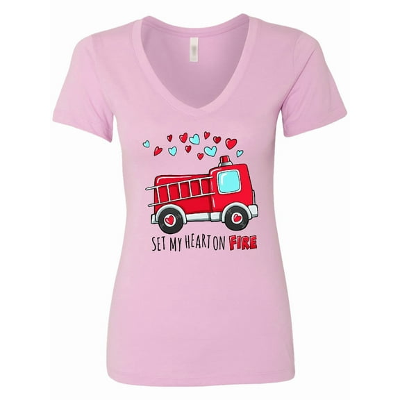 Inktastic Set My Heart on Fire Valentine Fire Truck with Hearts Women's V-Neck T-Shirt