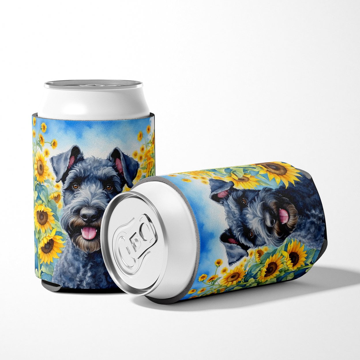 Kerry Blue Terrier in Sunflowers Can or Bottle Hugger 3 in x 5 in