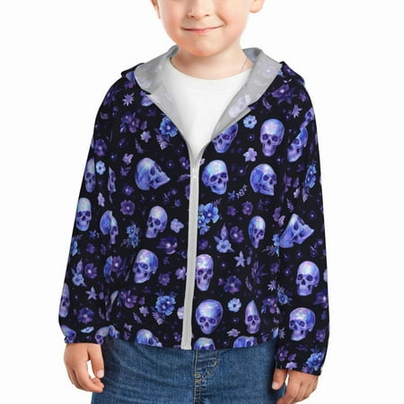 

Sun Hoodie for Kids Skull flower leaf purple Long Sleeve Swim Fishing Shirts Sun Protection Zip Up Jacket Clothing Athletic Hoodie