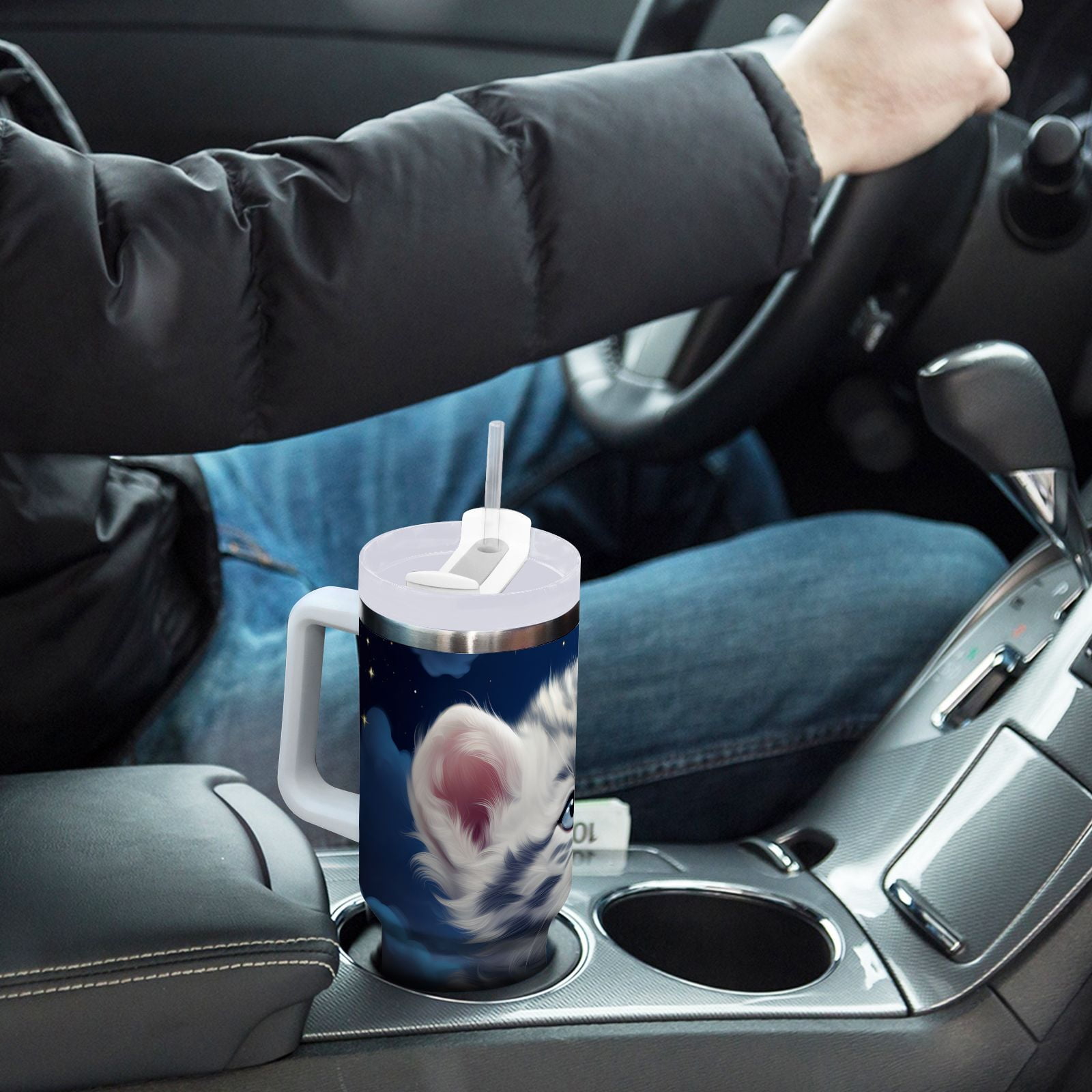 JSTEL Cute White Tiger Baby 30 oz Tumbler Stainless Steel Water Bottle Vacuum Insulated Cup with Straw Lid & Handle For Travel Car Cup Holder