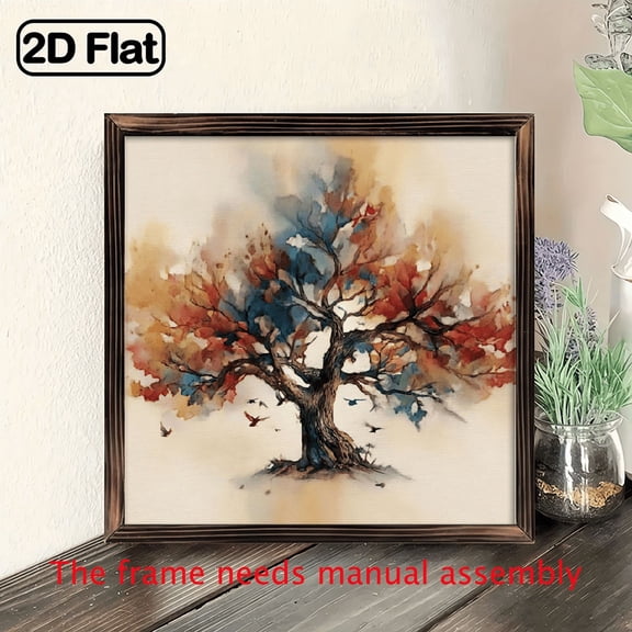 8x8 Inch Tree of Life Wall Art - Vintage Abstract Painting with RedBlueOrangeBlackWhiteGrayBeige, Polished Wood Frame - Living Room, Bathroom, Office, Cafe Decor - Housewarming Wedding Gift