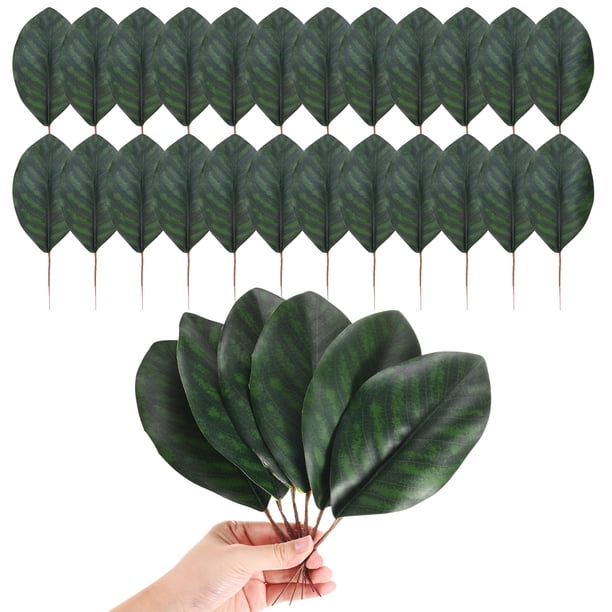 Paquete de 30 hojas artificiales, hoja verde falsa con tallos para DIY 9x23cm