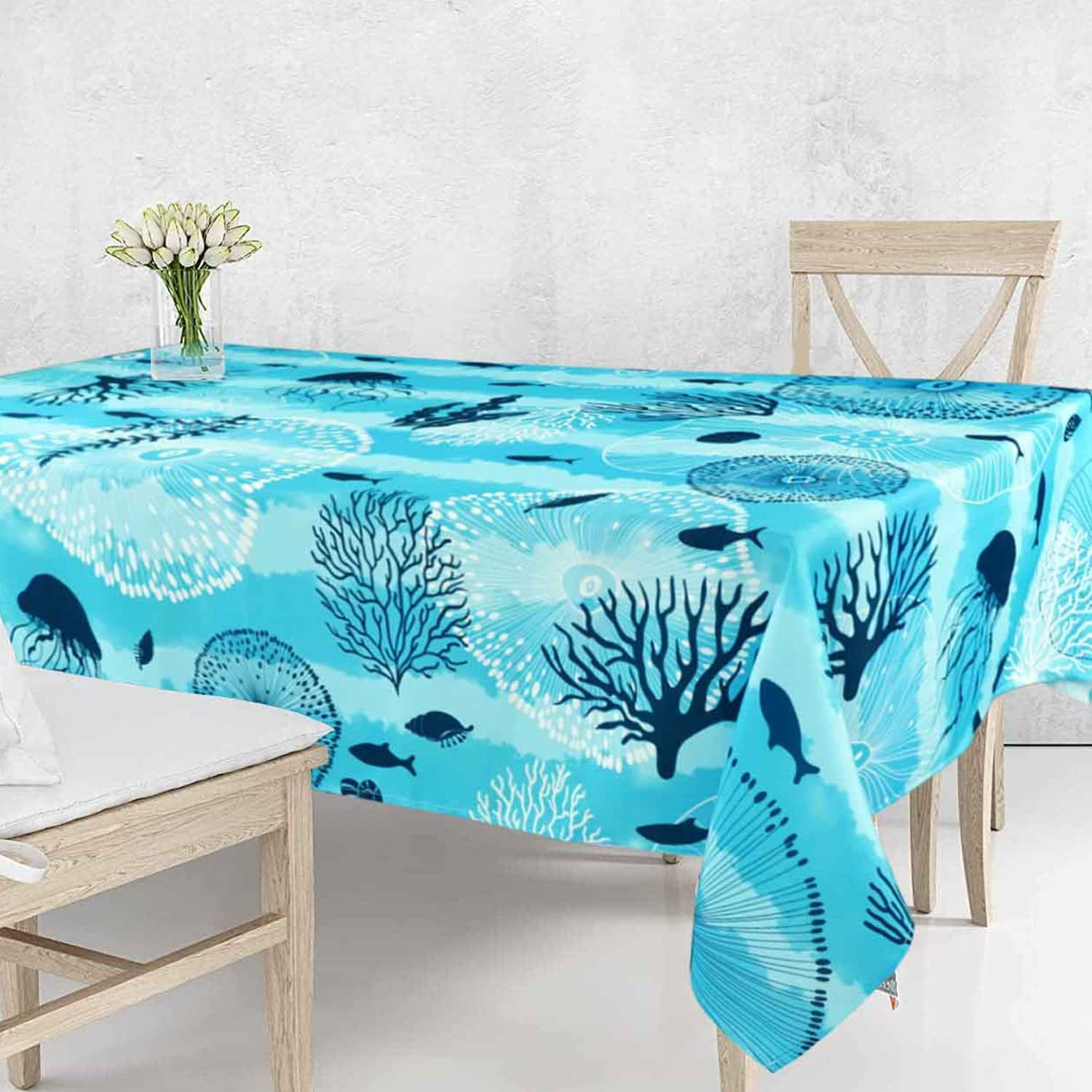 Blue Ocean Beach Tablecloth, Coastal Nautical Table Cover Rectangle 60 ...