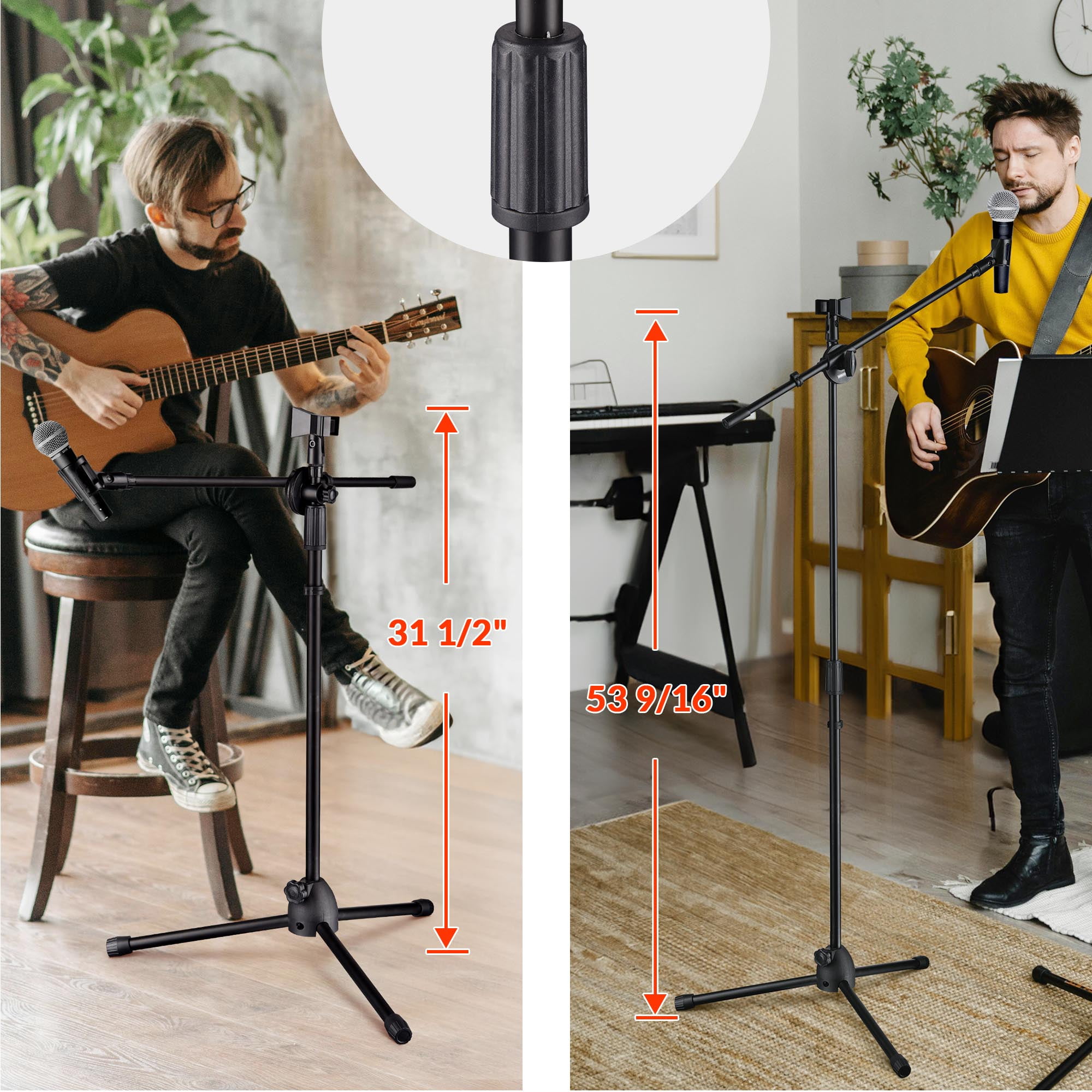 4x Adjustable Height Microphone Stands Dual Mic Clip 90-degree Rotating Folding Type Boom Arm Tripod