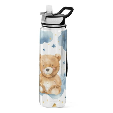 

Cartoon Bears with Cute Sky Elements Transparent Sports Water Bottle with Straw BPA Free Tritan 32oz for Gym Camping