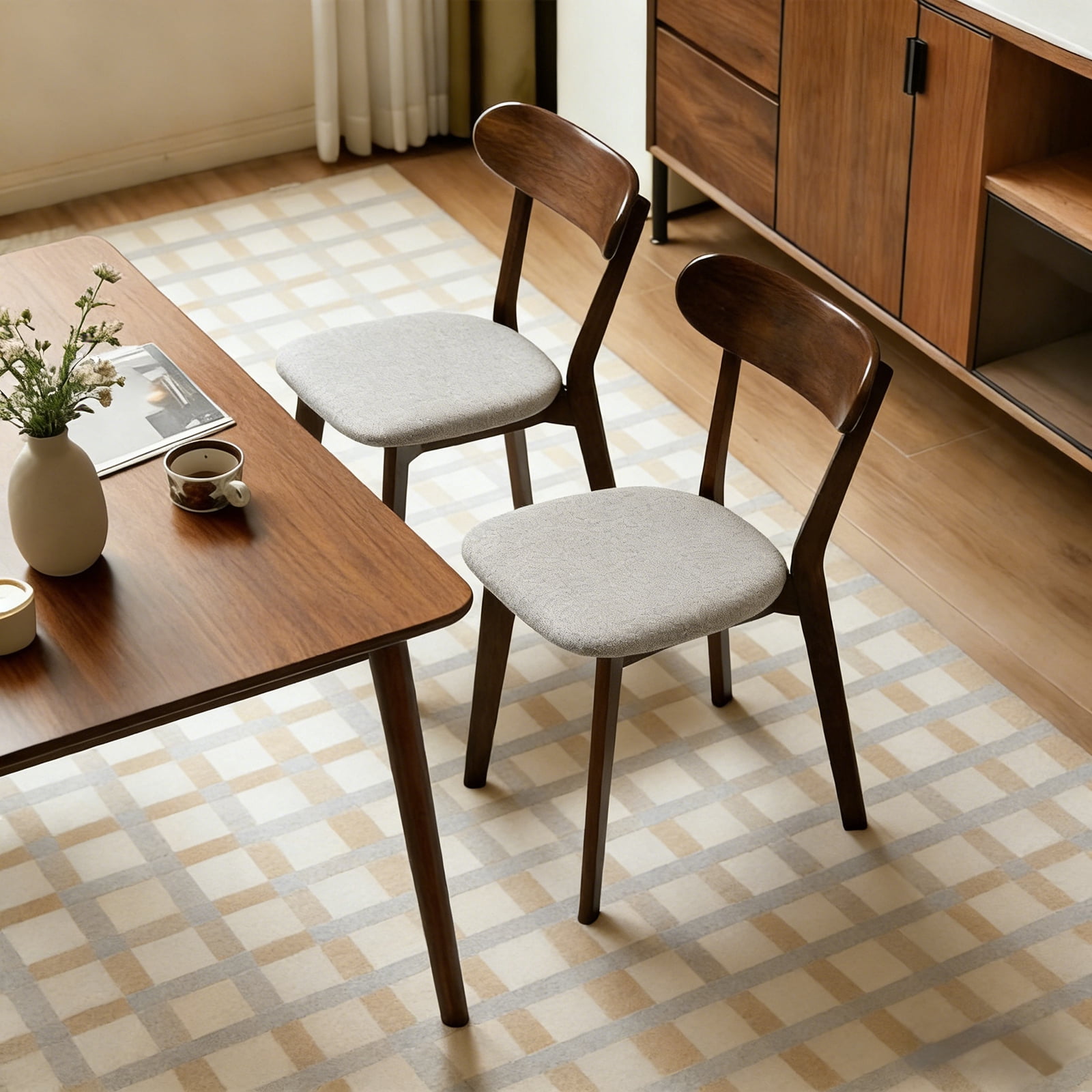 Dining Chairs, Set of 2 Solid Wood with Upholstered Cushion, Curved Backrest and Adjustable Foot Pads, Mid Century Design for Dining Room, Walnut with Gray Cushion