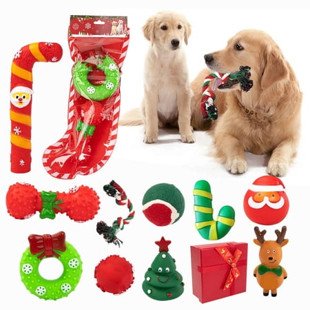 CPHDW7 4 Pack Dog Toys Set, Christmas Squeaky Chew Rope Toy Bundle for Aggressive Chewers, Holiday Pet Gift Stocking with Durable Interactive Chew Toys
