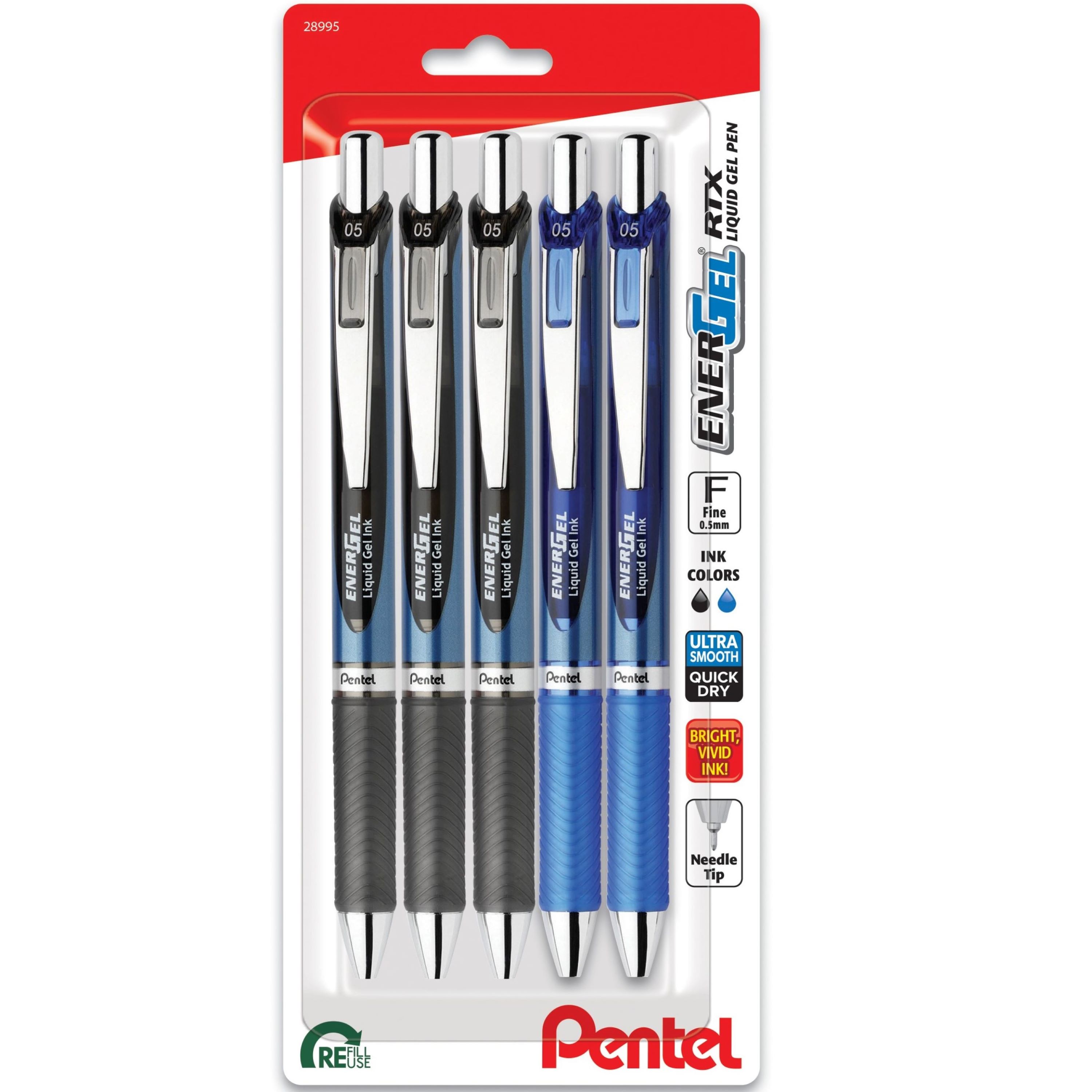 Pentel EnerGel RTX Liquid Ink Gel Pens, 0.5mm Fine Point, Black and Blue Ink Colors, Pack of 5 Pens