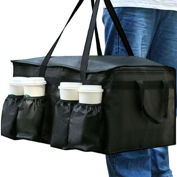 XXX-Large Insulated Food Delivery Bag with 4 Cup Holder, Reusable Hot & Cold Thermal Bags for Pizza/ Catering/ Parties/ Camping/ Picnic, Black