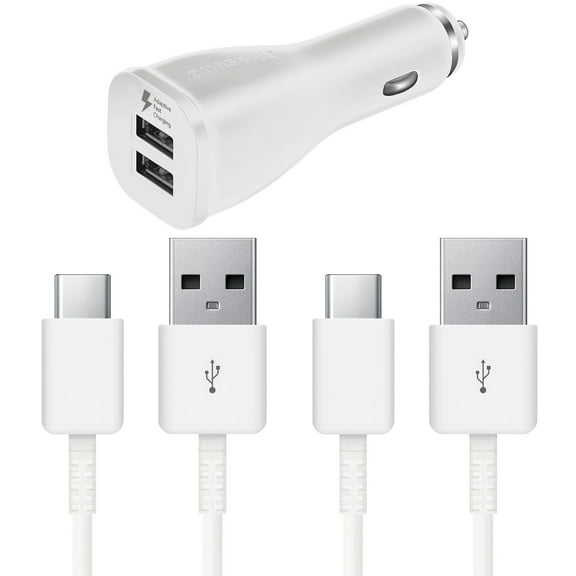 OEM Samsung Galaxy S8/S8+/S9/S9+ Galaxy Note 8/9 Adaptive Fast Charger Type C Cable Kit [Car Charger + 2x 4FT Type C USB Cables] Adaptive Fast Charging uses dual voltages for up to 50% faster charging