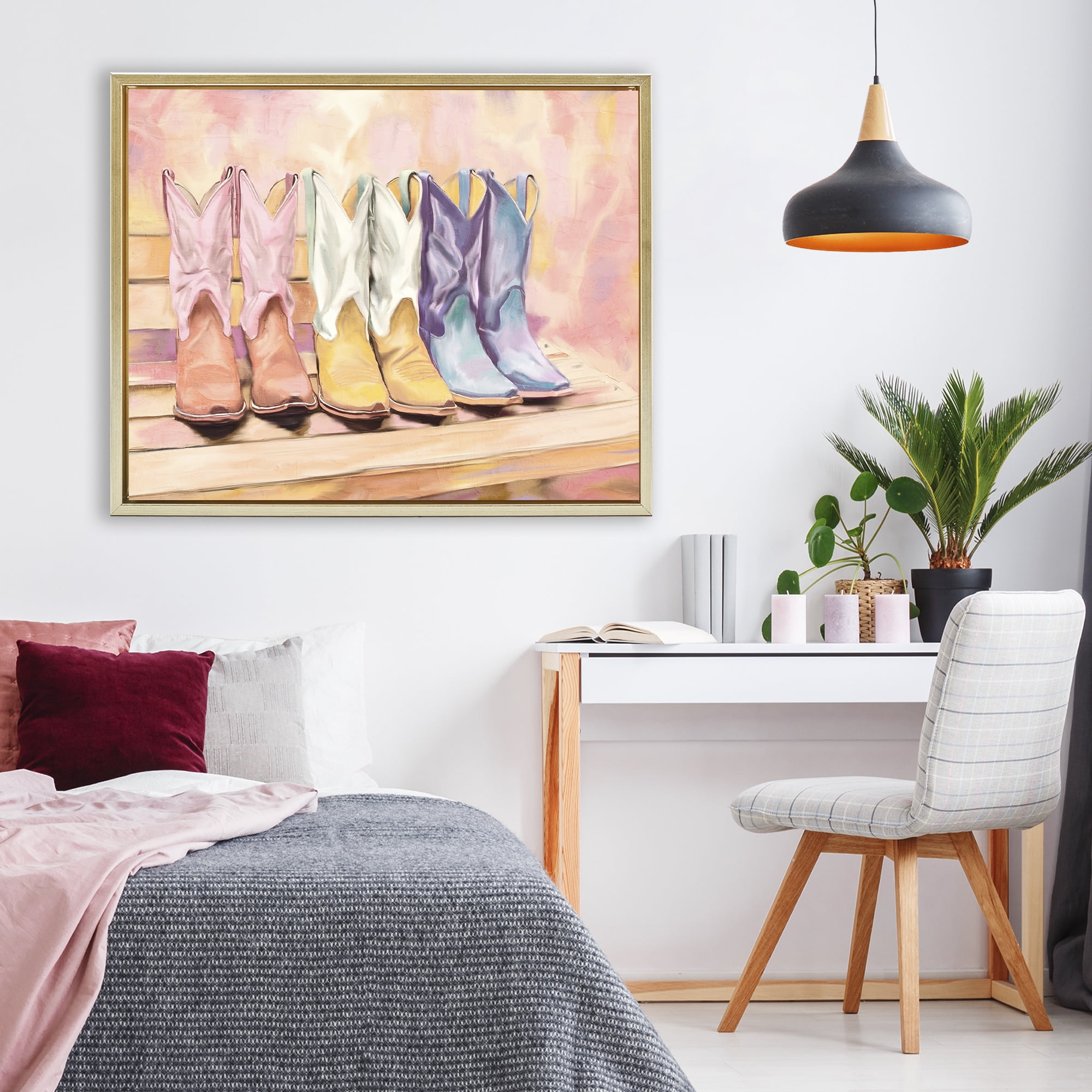Painted Boots Trio Gold Framed Floater Canvas Wall Art, design by Kim Allen