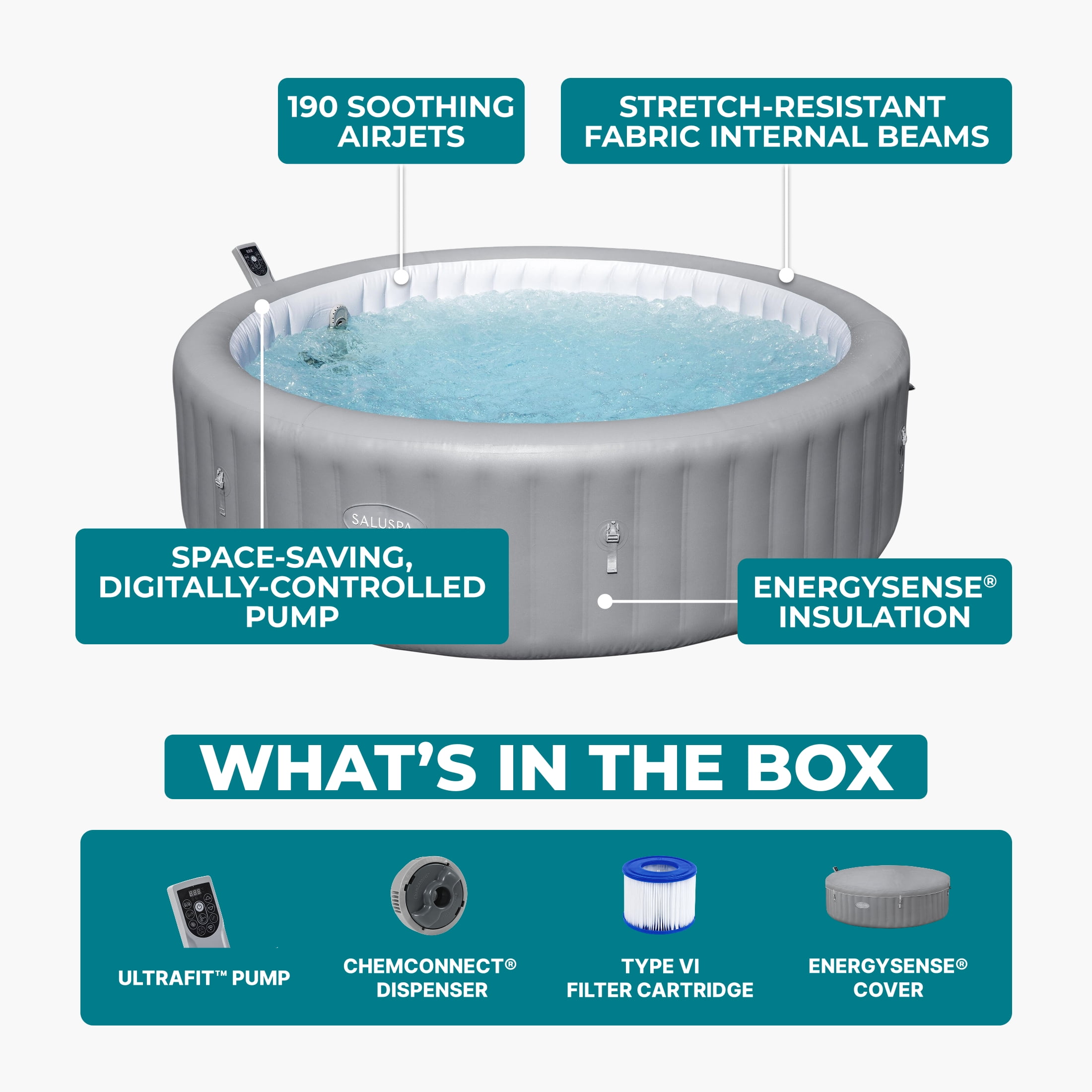 Bestway SaluSpa Hawaii 6-8 Person Inflatable Hot Tub, Round Energy-Efficient Spa, 93"x28"