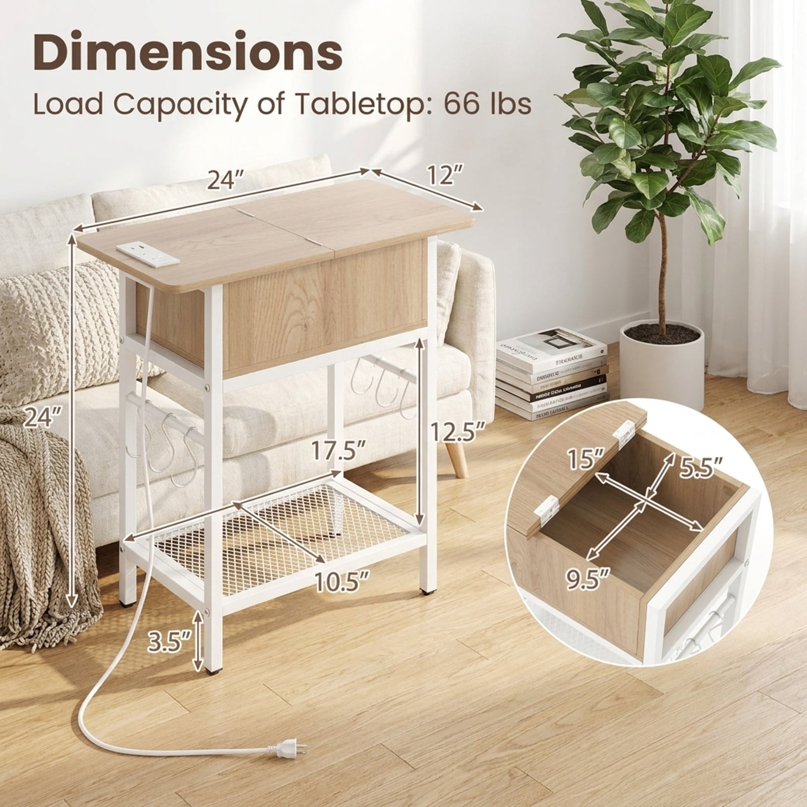 Furnibear End Table with Charging Station USB Ports Outlets and Flip Top Hidden Compartment for Living Room Bedroom and Sofa Side, Natural