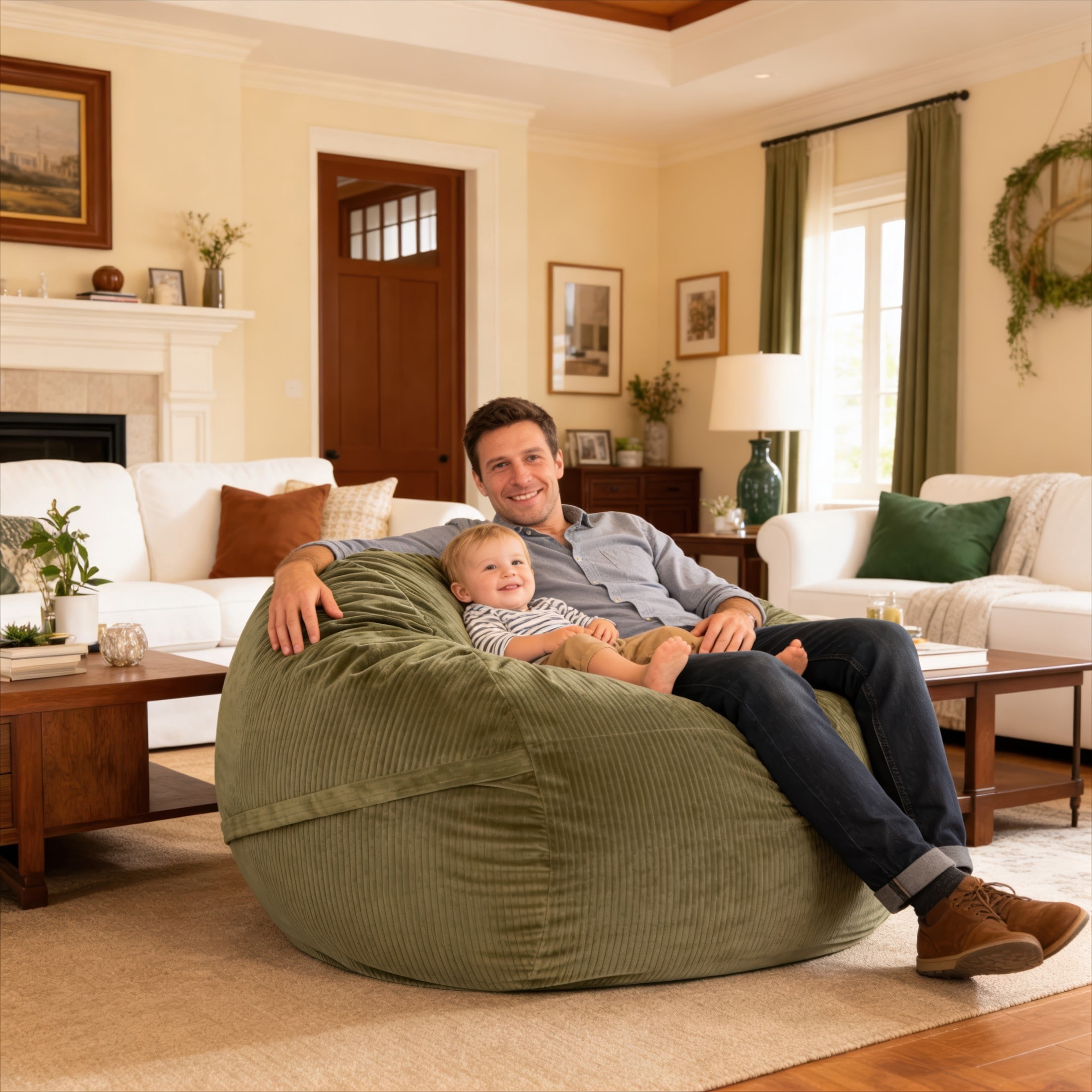 Luna 5 Foot X-Large Bean Bag Chair – Oversized Foam Lounger for Adults & Kids, Plush Corded Faux Fur, Green